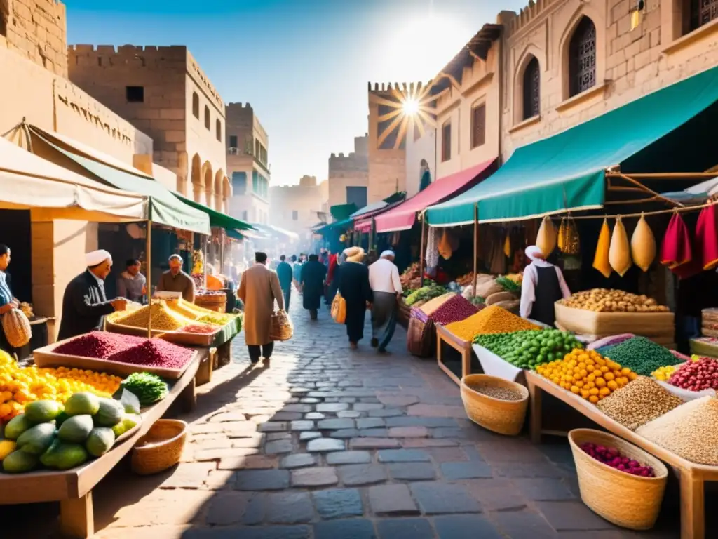 Un bullicioso mercado en una ciudad del Medio Oriente, con colores vibrantes y productos artesanales