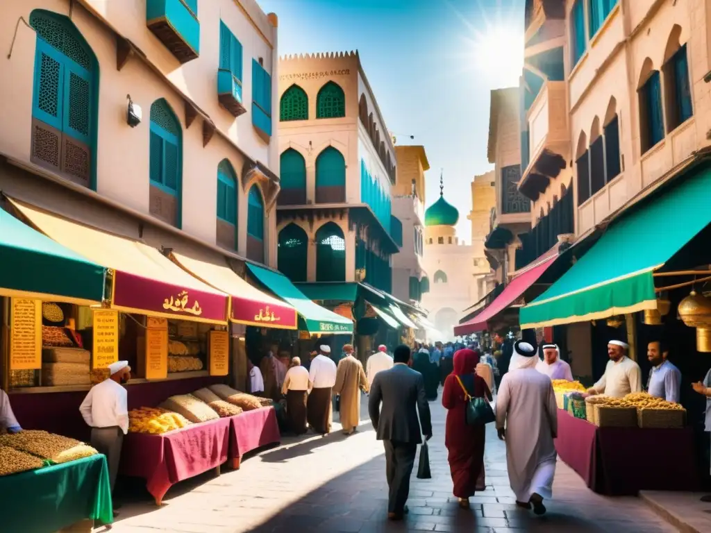 Un bullicioso mercado en una ciudad del Medio Oriente, con colores vibrantes y una atmósfera de comunidad