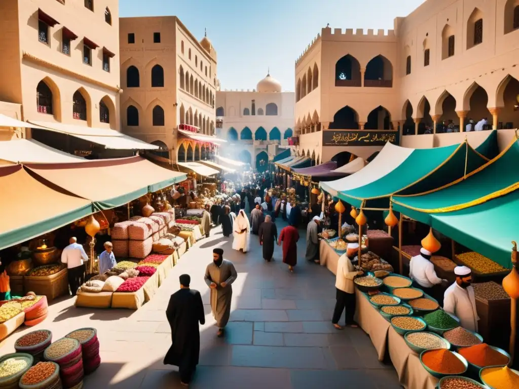 Un bullicioso mercado en una ciudad del Medio Oriente, con colores vibrantes y animadas conversaciones en árabe