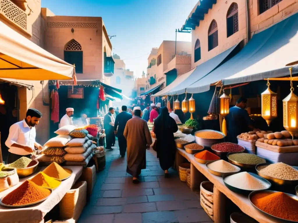 Un bullicioso mercado en una ciudad del Medio Oriente, con colores vibrantes y mucha actividad