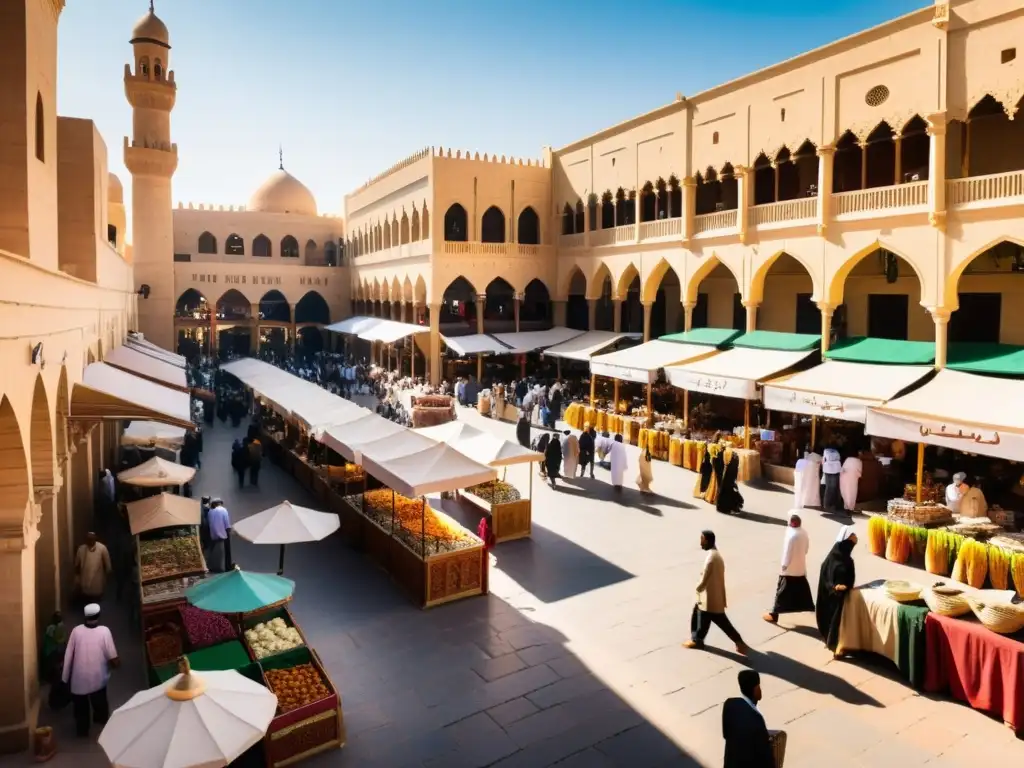 Un bullicioso mercado en una ciudad del Medio Oriente, con colores vibrantes y una arquitectura intricada