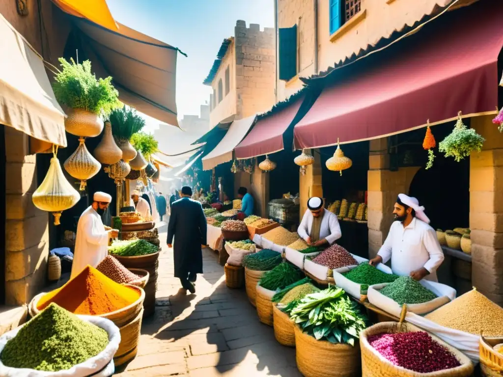 Un bullicioso mercado en una ciudad del Medio Oriente, con coloridos puestos que venden hierbas, especias y medicinas tradicionales