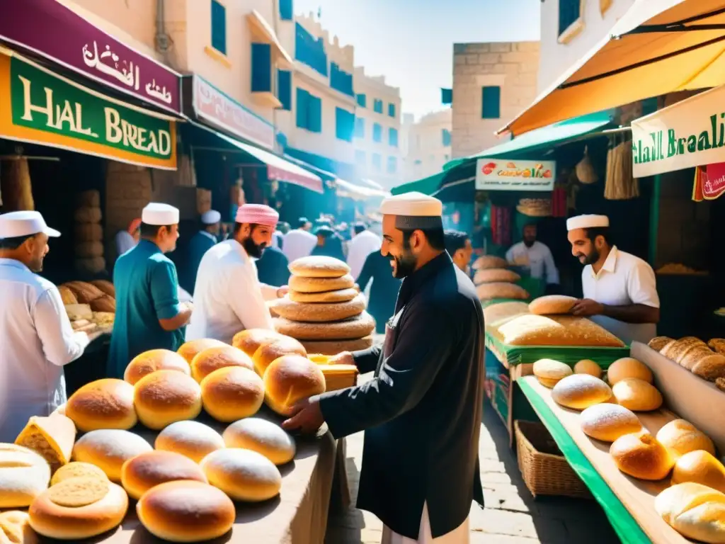 Un bullicioso mercado en una ciudad del Medio Oriente, con coloridos puestos vendiendo una variedad de pan de halal recién horneado