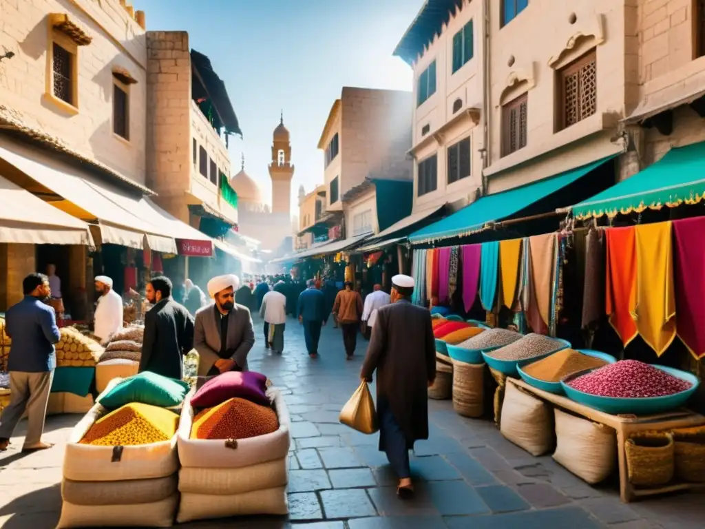 Un bullicioso mercado en una ciudad del Medio Oriente, con comerciantes vendiendo textiles coloridos y especias bajo el cálido sol de la tarde