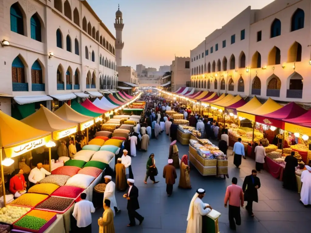 Un bullicioso mercado en una ciudad del Medio Oriente, con decoraciones coloridas y gente comprando para la celebración Eid alFitr Ramadán