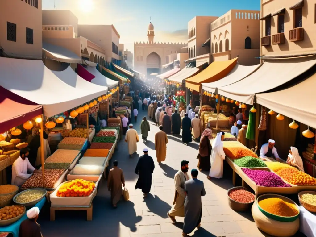 Un bullicioso mercado en una ciudad del Medio Oriente, con detalles de la vida diaria y culturas sunnita y chiita