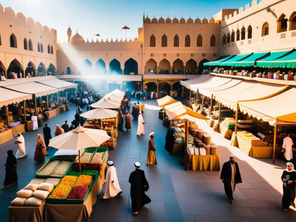 Un bullicioso mercado en una ciudad del Medio Oriente, con edificios intrincados y gente vestida con atuendos islámicos