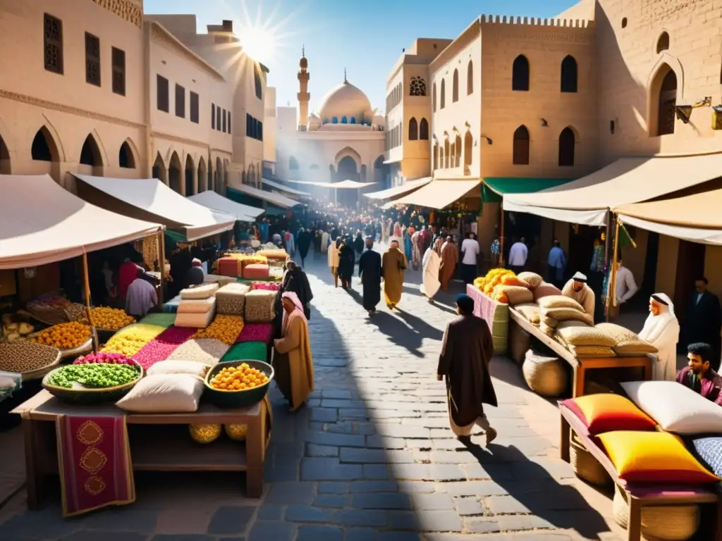 Un bullicioso mercado en una ciudad del Medio Oriente con gente regateando por bienes y coloridos textiles