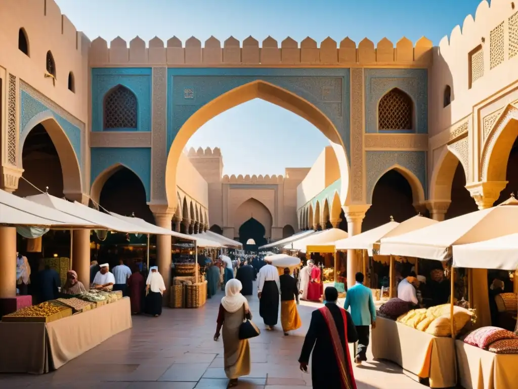 Un bullicioso mercado en una ciudad histórica del Medio Oriente, con arcos intrincados y textiles vibrantes bajo el cálido sol