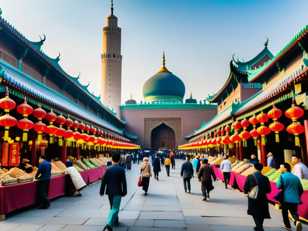 Un bullicioso mercado en una ciudad histórica china, reflejando las tensiones históricas del Islam en China