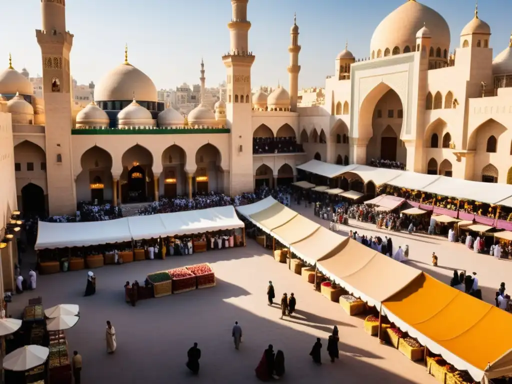 Un bullicioso mercado en una ciudad histórica del Medio Oriente, con textiles coloridos, vendedores de especias y personas de diversas culturas