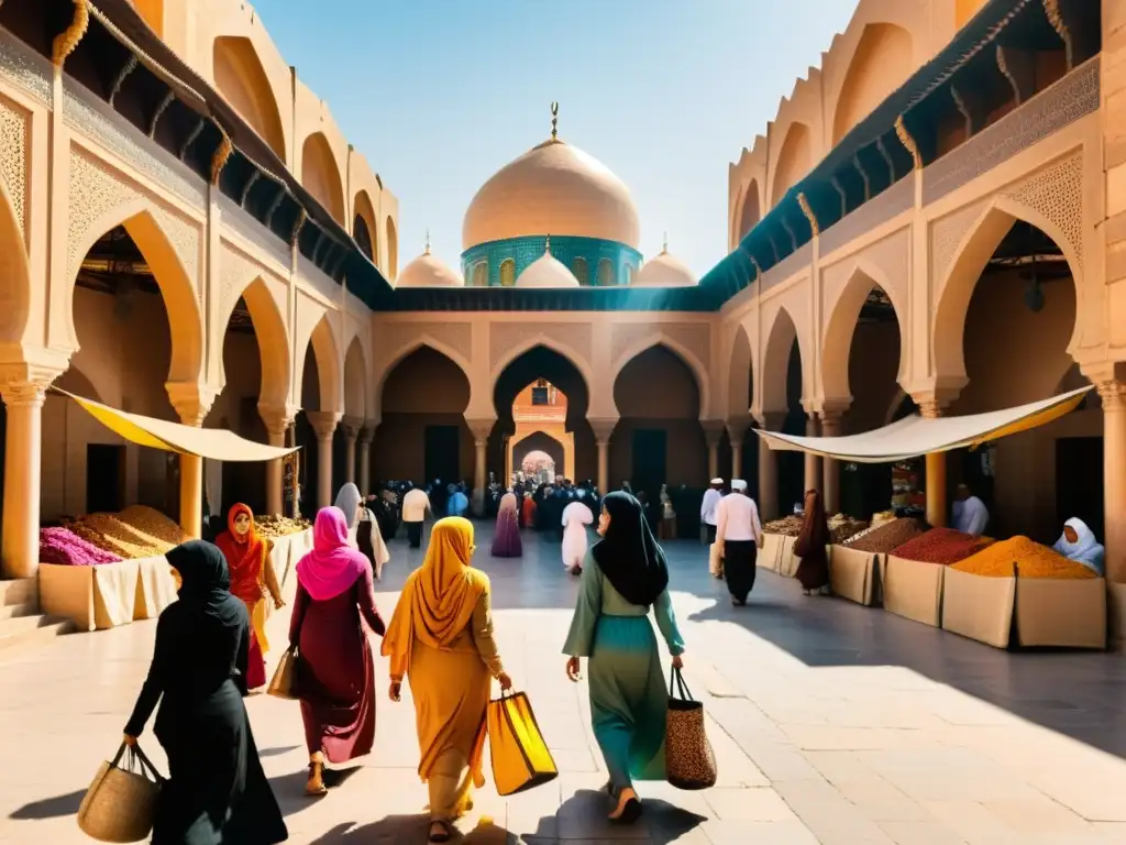 Un bullicioso mercado en una ciudad histórica del Medio Oriente, donde mujeres vestidas con coloridos hijabs realizan sus actividades diarias