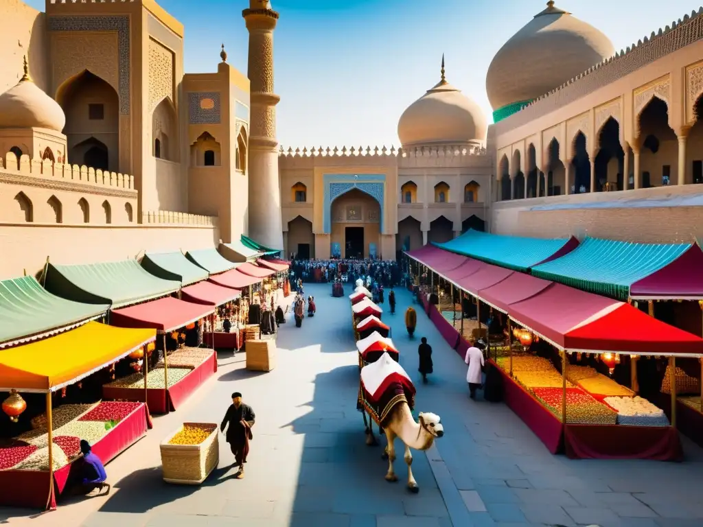 Un bullicioso mercado en una ciudad histórica de la Ruta de la Seda, con colores vibrantes y cultura islámica