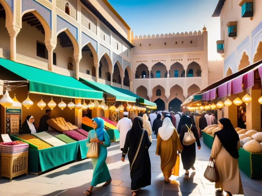 Un bullicioso mercado en una ciudad histórica del Medio Oriente, con atuendos distintivos que reflejan la estructura social islámica, arquitectura ornamental y una atmósfera vibrante