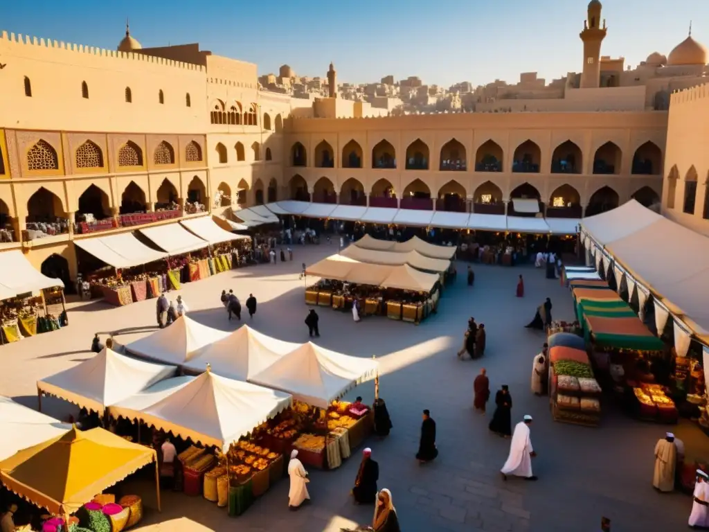 Un bullicioso mercado en una ciudad histórica del Medio Oriente, con edificios decorados, ropa y cerámica colorida