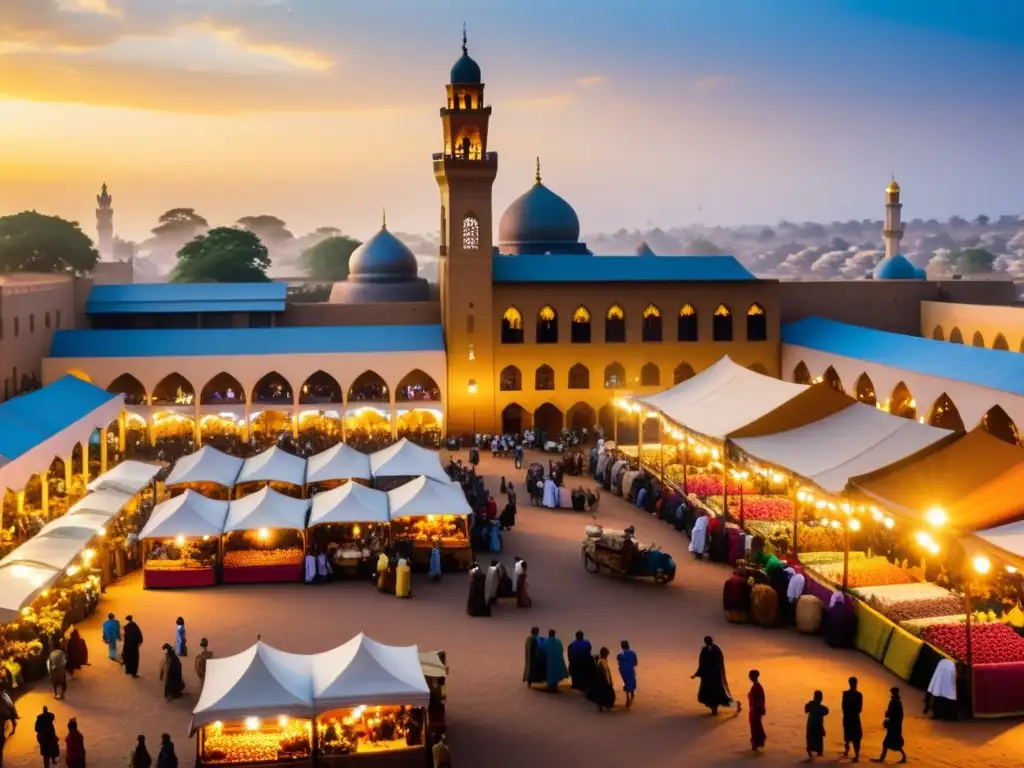 Un bullicioso mercado en una ciudad histórica de África, con mezquitas y palacios intrincadamente diseñados en el fondo