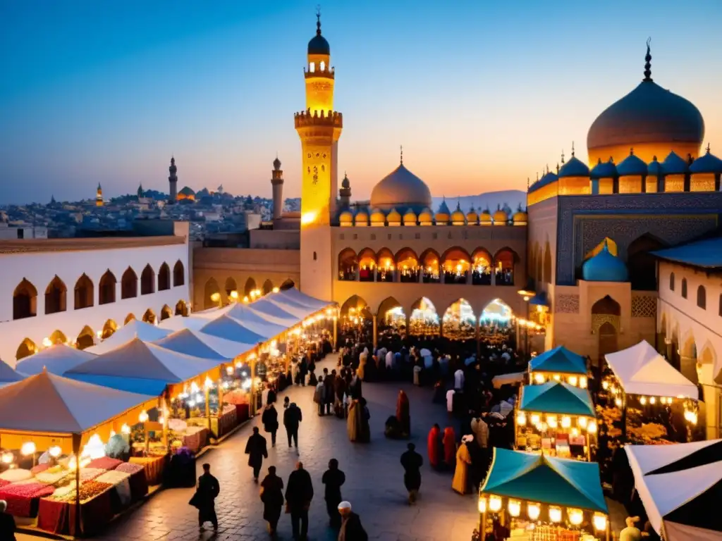 Un bullicioso mercado en una ciudad histórica con mezquitas y minaretes