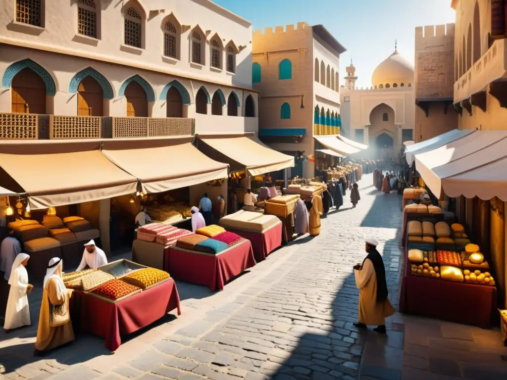 Mercado bullicioso en ciudad islámica histórica Un bullicioso mercado en una ciudad histórica del Islam temprano con políticas exteriores albores del Islam