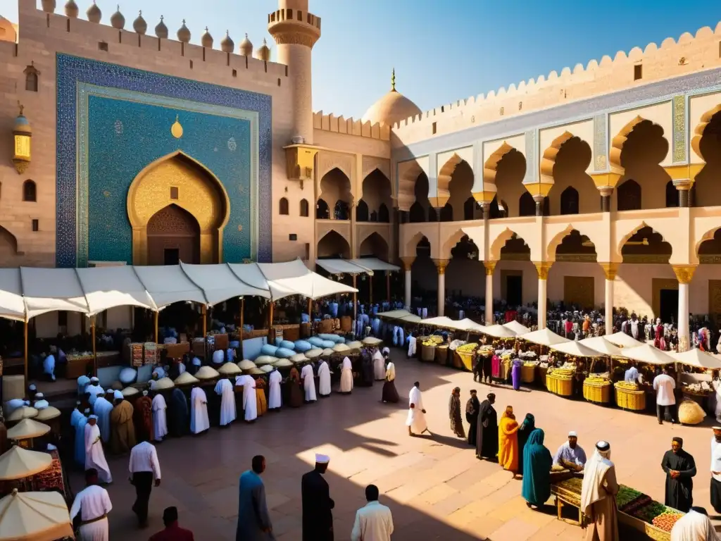 Un bullicioso mercado en una ciudad histórica islámica, con comerciantes vendiendo y intercambiando dinero bajo la sombra de una gran mezquita