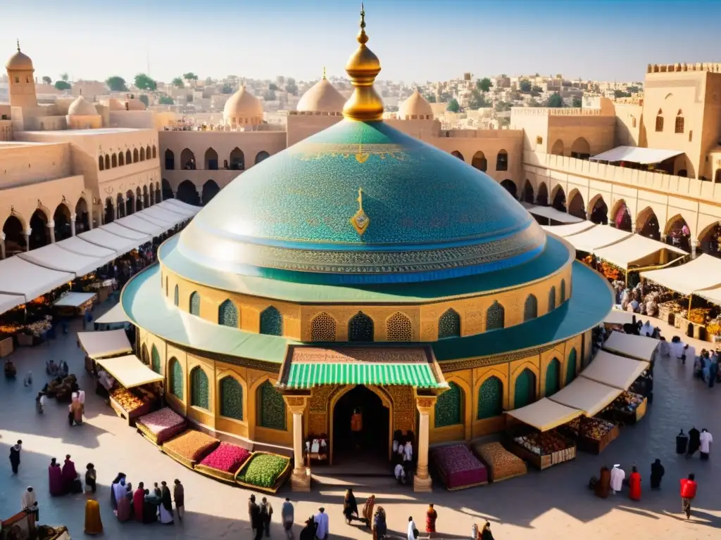 Un bullicioso mercado en una ciudad del Medio Oriente, con una impresionante cúpula de mosaicos en el centro