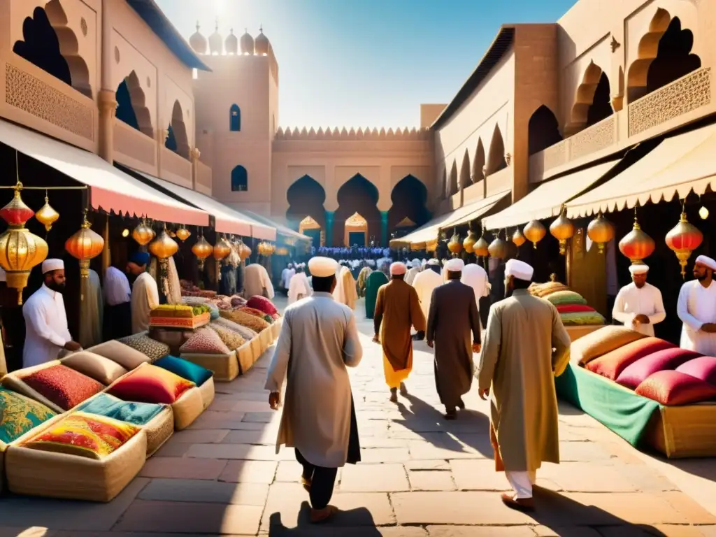 Un bullicioso mercado en una ciudad islámica, con intercambios animados entre comerciantes bajo la cálido sol, resaltando los detalles arquitectónicos