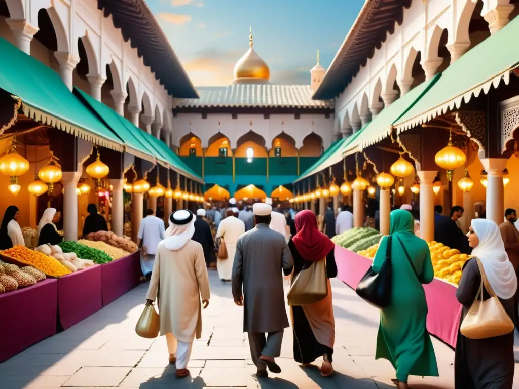 Un bullicioso mercado en una ciudad islámica, con colores vibrantes y arquitectura intrincada, reflejando la cultura contemporánea del mundo islámico