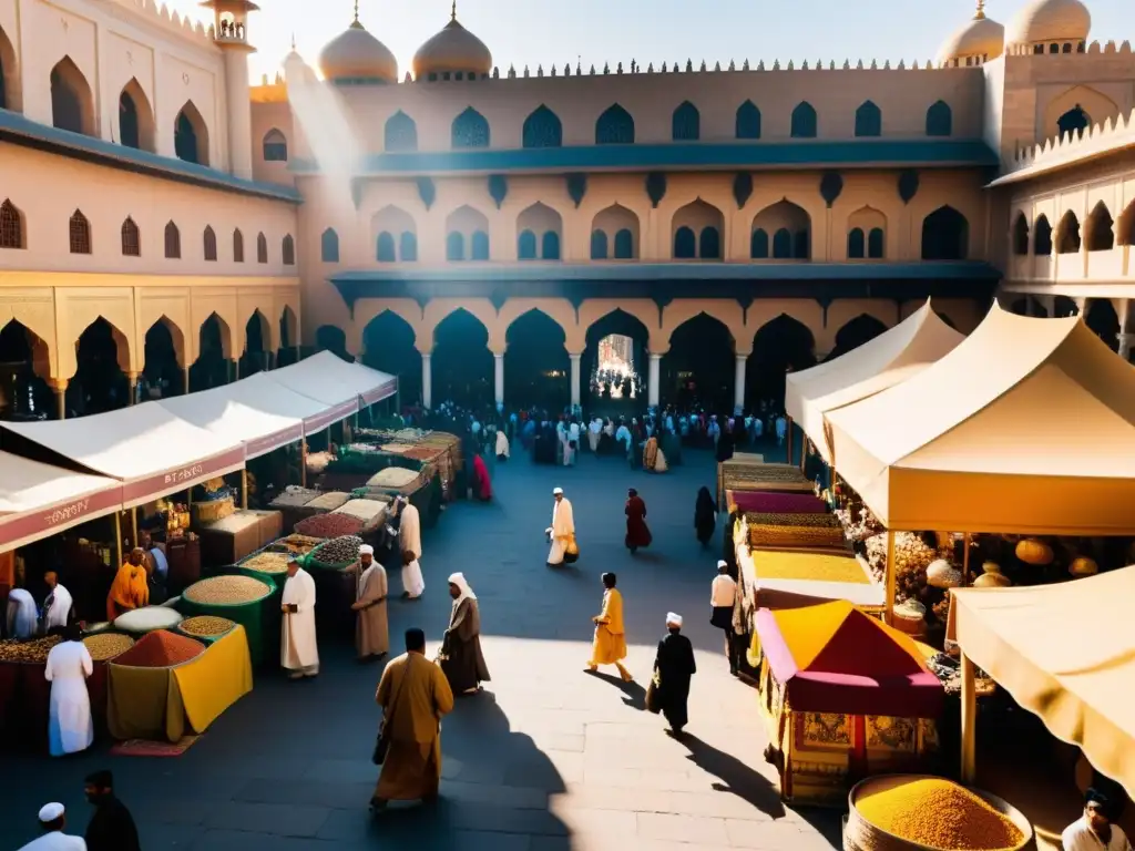 Un bullicioso mercado en una ciudad islámica contemporánea, rebosante de productos exóticos y detalles arquitectónicos