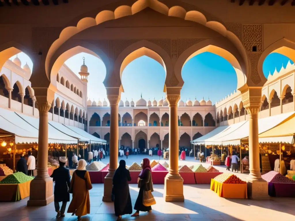 Un bullicioso mercado en una ciudad islámica histórica, con arquitectura adornada y comerciantes ofreciendo textiles, especias y cerámica