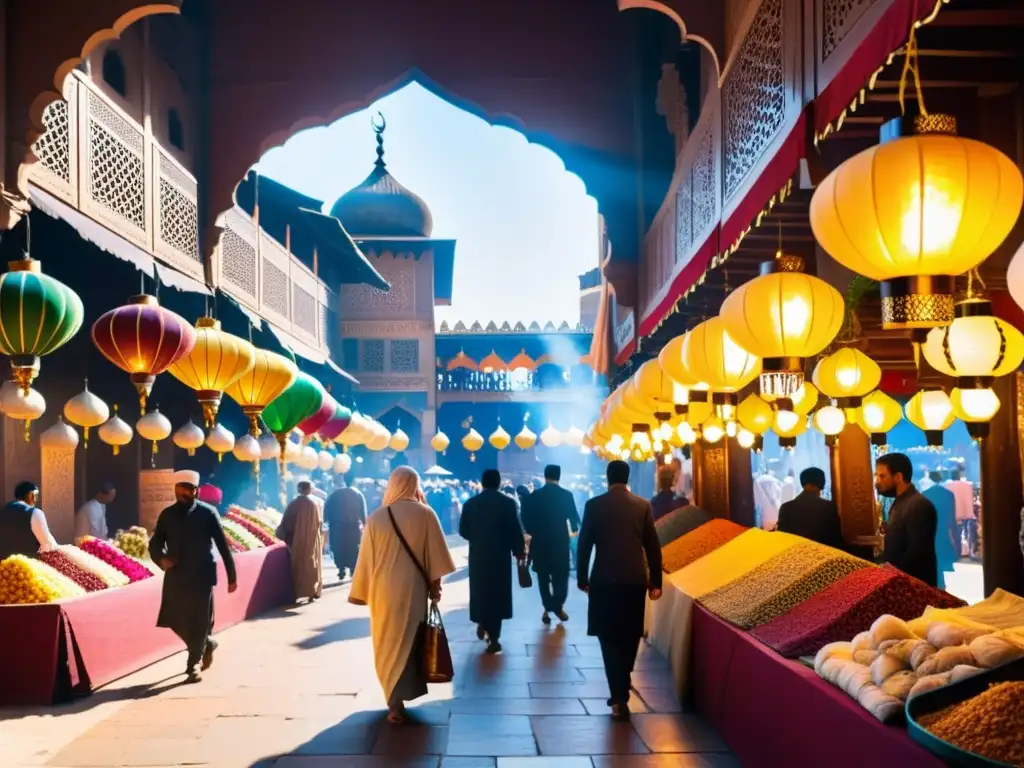 Un bullicioso mercado en una ciudad islámica histórica, con arquitectura ornamental y textiles coloridos