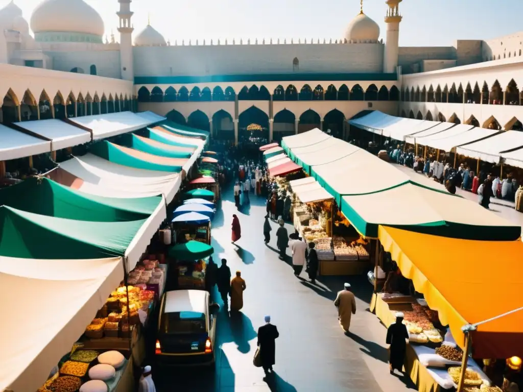 Un bullicioso mercado en una ciudad islámica, con puestos vibrantes vendiendo productos halal como comida, ropa y artesanías tradicionales