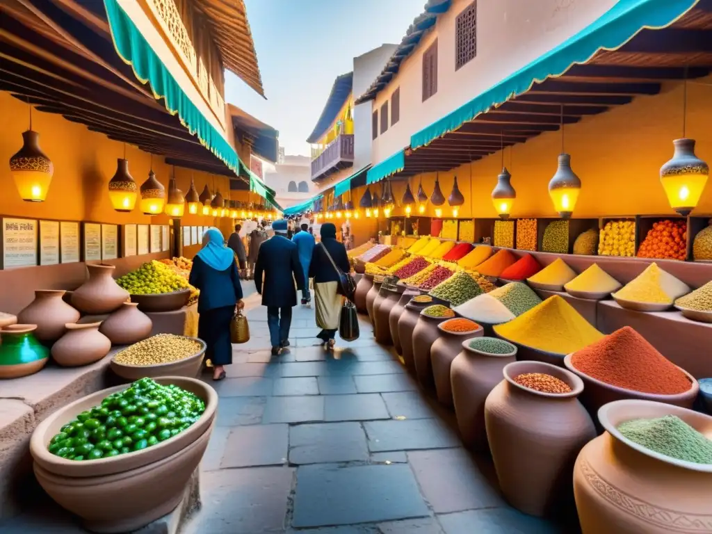 Un bullicioso mercado en una ciudad islámica, con alimentos preservados en vasijas de barro y frascos coloridos