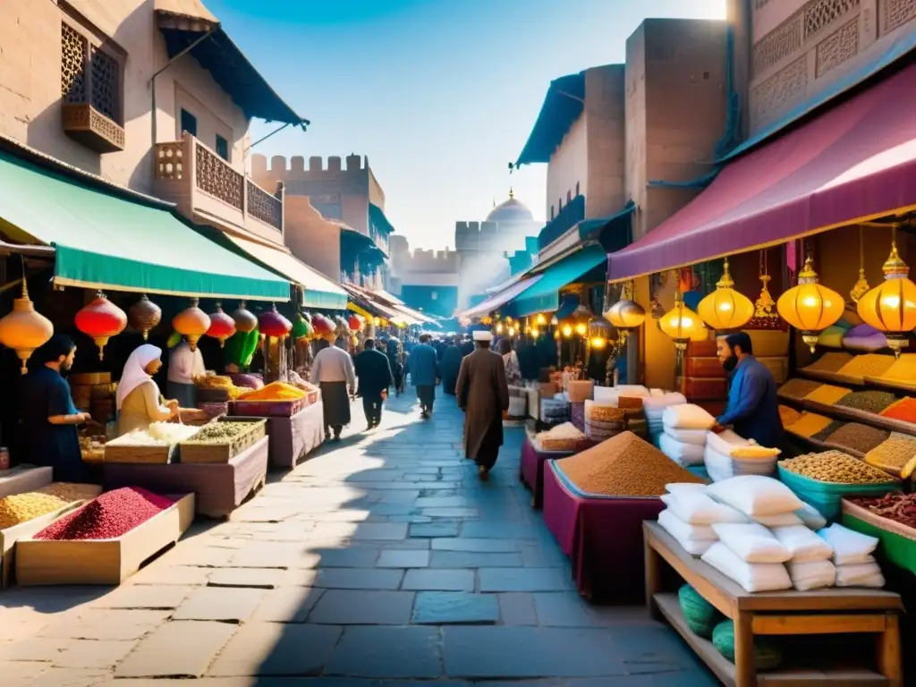 Un bullicioso mercado en una ciudad islámica histórica, con arquitectura detallada, textiles vibrantes y comerciantes activos bajo el cálido sol