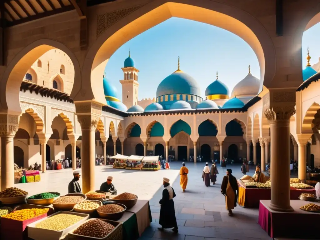 Un bullicioso mercado en una ciudad islámica medieval, llena de comerciantes y clientes, destacando la economía en el Islam: Comercio y zakat