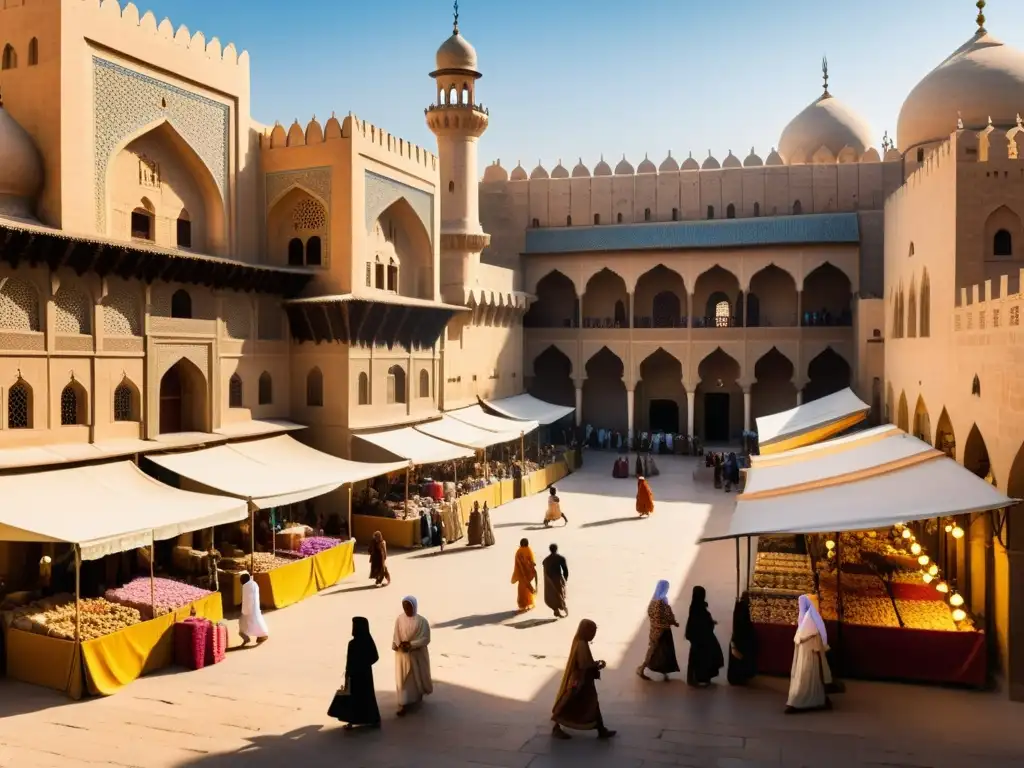 Un bullicioso mercado en una ciudad islámica del siglo XIV, con mercaderes regateando, mujeres con hijabs vibrantes y niños jugando