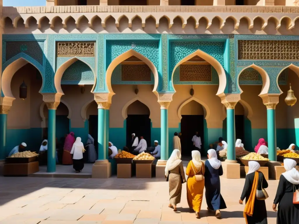 En un bullicioso mercado de una ciudad islámica histórica, mujeres conversan y comercian mientras los niños juegan y aprenden