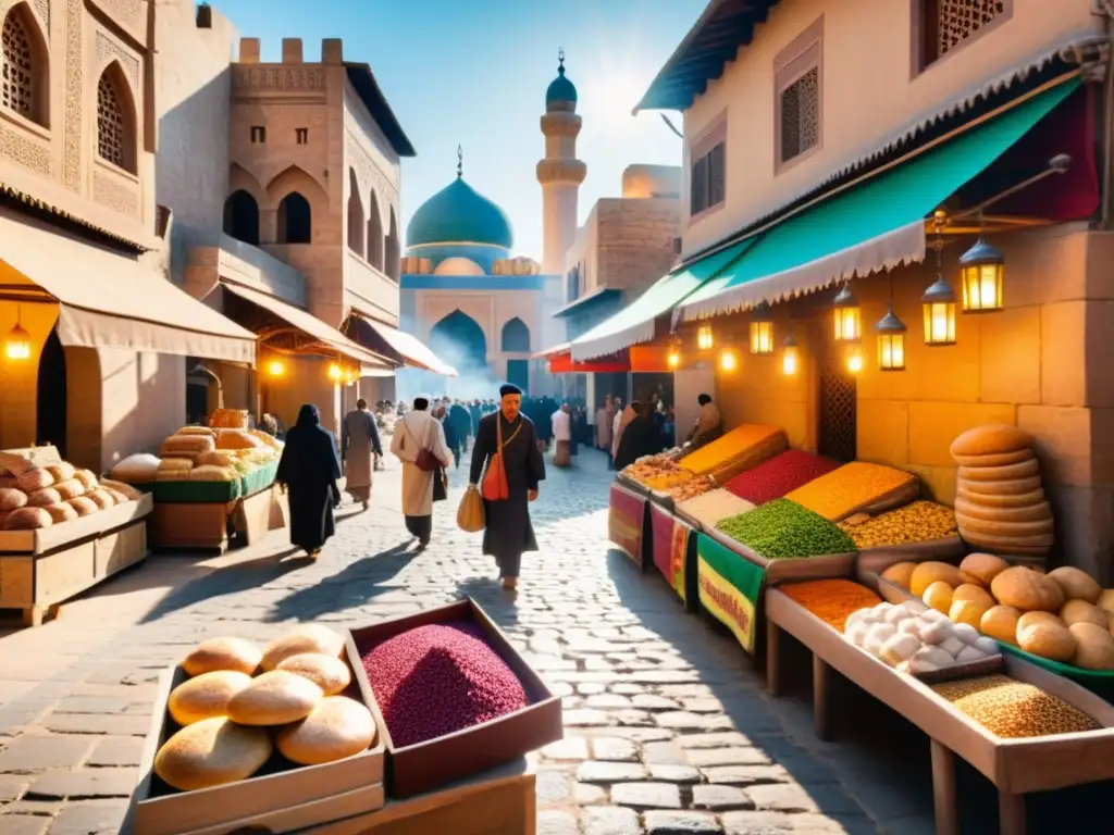 Un bullicioso mercado de una ciudad islámica histórica, con arquitectura detallada, textiles coloridos y gente diversa