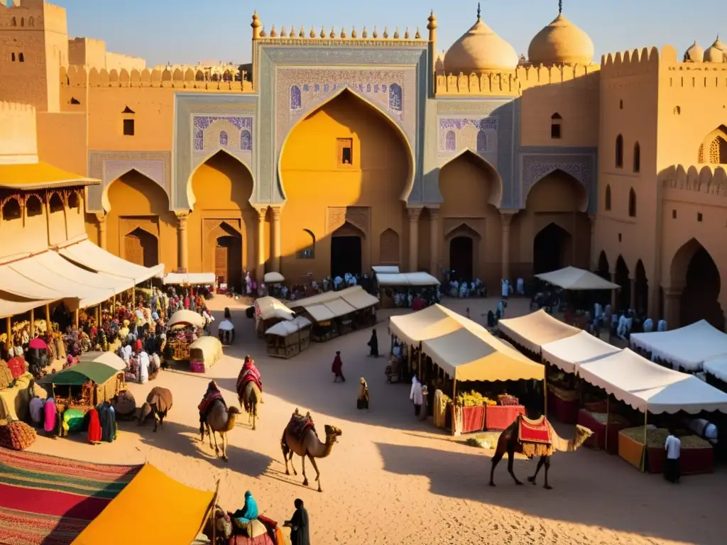 Un bullicioso mercado en una ciudad islámica histórica, con textiles y especias coloridas en exhibición