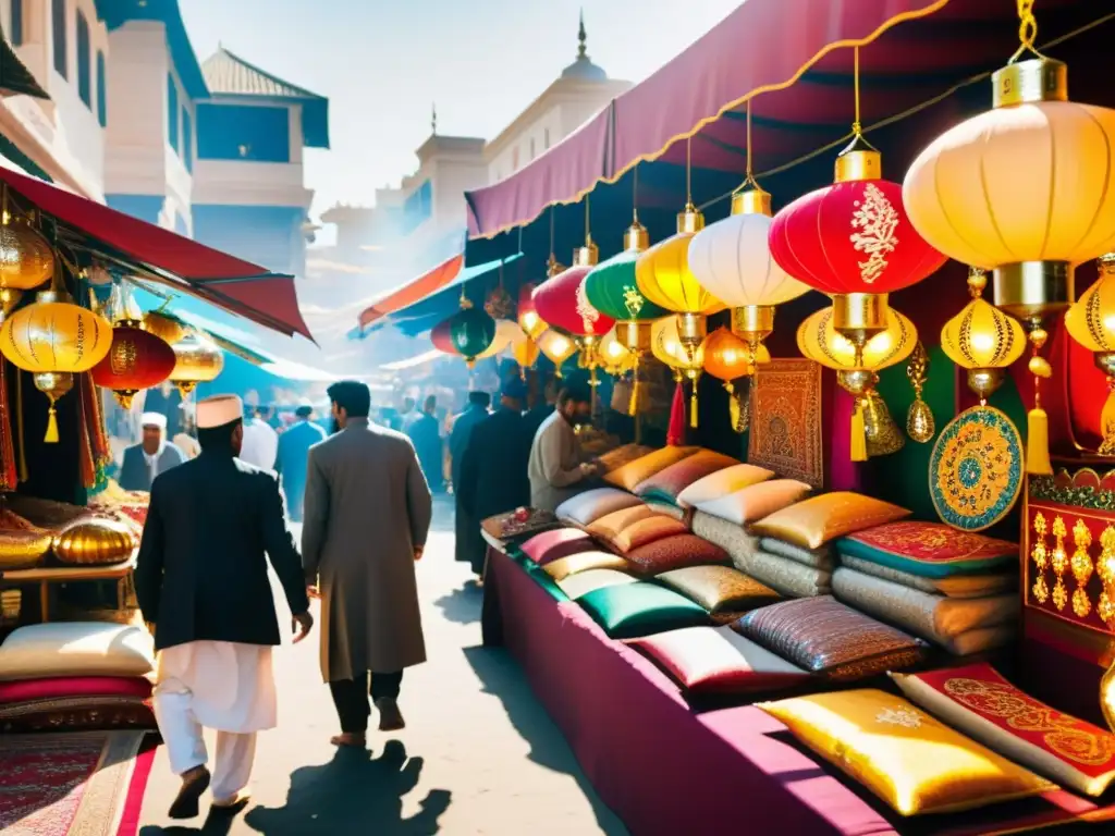 Un bullicioso mercado en una ciudad islámica, con accesorios Halal y artículos festivos