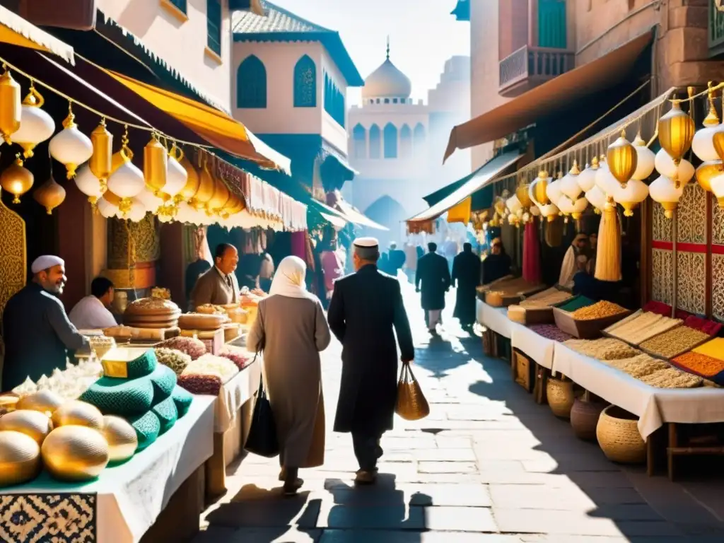 Un bullicioso mercado en una ciudad islámica histórica, con artesanías intrincadamente diseñadas en exhibición frente a tiendas tradicionales