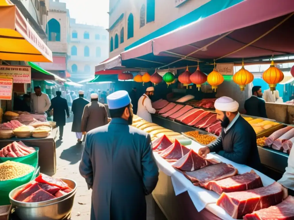 Un bullicioso mercado en una ciudad islámica, con vendedores exhibiendo orgullosamente filas de carne halal fresca bajo coloridos toldos