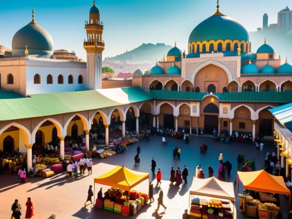 Un bullicioso mercado en una ciudad latinoamericana con adaptación del Islam, colores vibrantes, diversidad cultural y una hermosa mezquita en el fondo