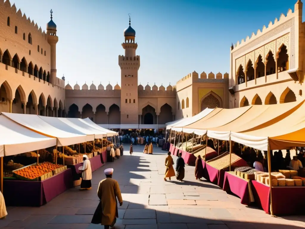 Un bullicioso mercado en una ciudad medieval islámica, con comerciantes intercambiando bienes bajo la sombra de minaretes ornamentados y multitudes animadas