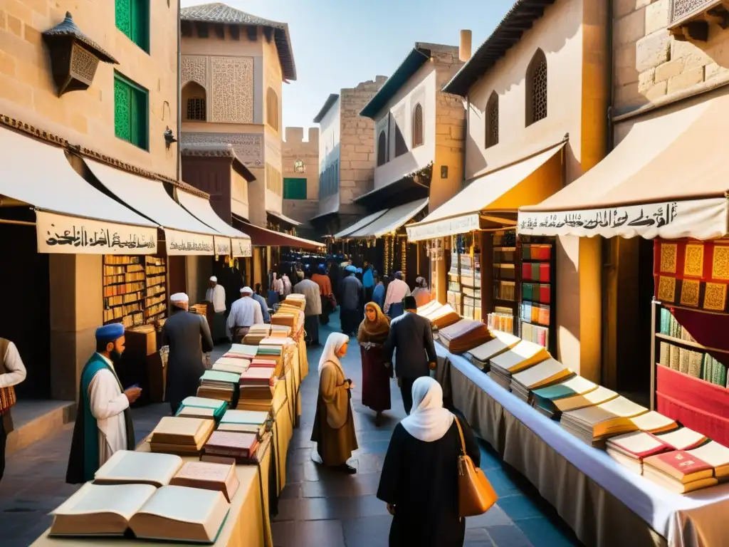 Un bullicioso mercado en una ciudad medieval islámica, con detallados puestos de libros