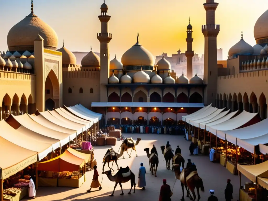 Un bullicioso mercado en una ciudad medieval islámica, con mercaderes regateando marfil, textiles y especias bajo la sombra de altos minaretes