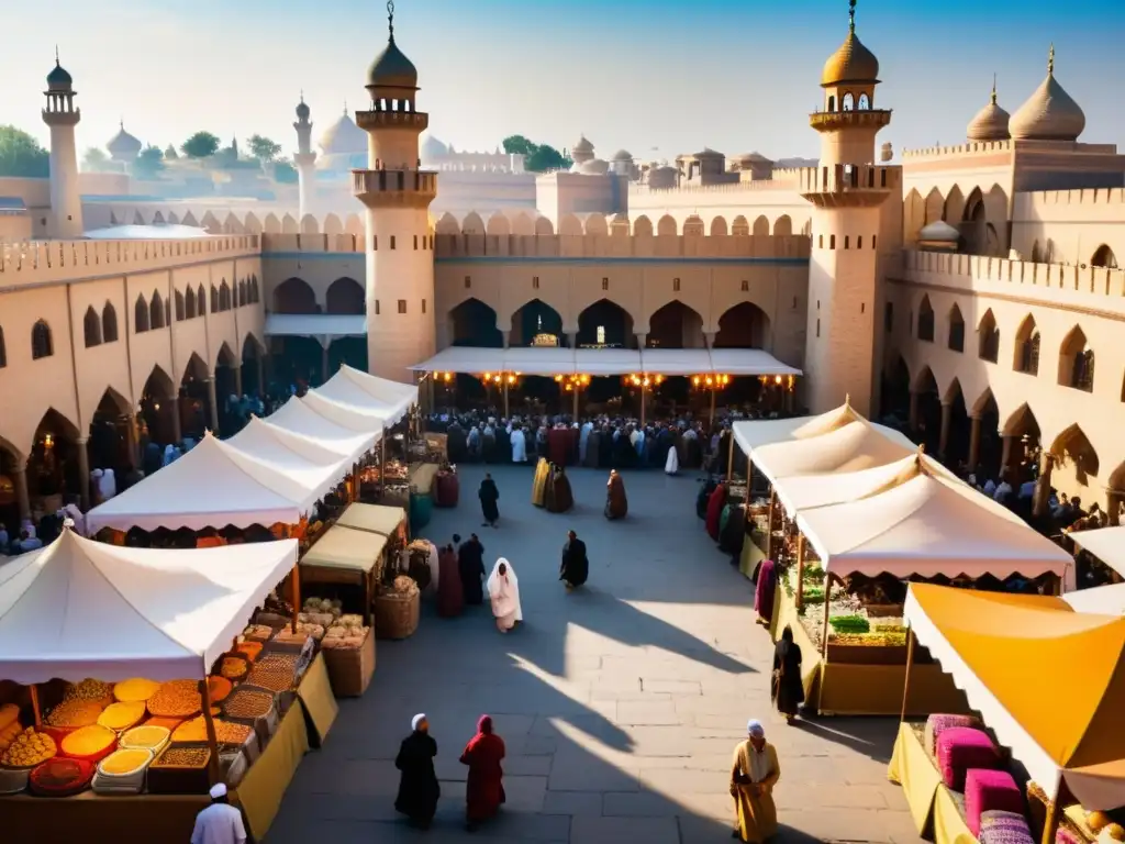 Un bullicioso mercado en una ciudad medieval islámica con arquitectura detallada, textiles coloridos y personas comerciando, socializando y creando