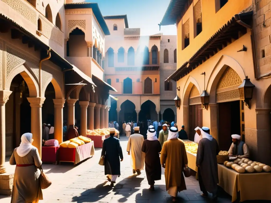 Un bullicioso mercado en una ciudad medieval islámica, con arquitectura detallada, textiles vibrantes y gente comerciando, conversando y rezando