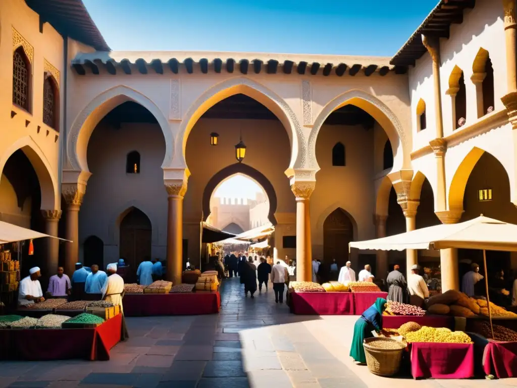 En el bullicioso mercado de una ciudad medieval islámica, la economía florece entre colores vibrantes, arquitectura detallada y personas diversas