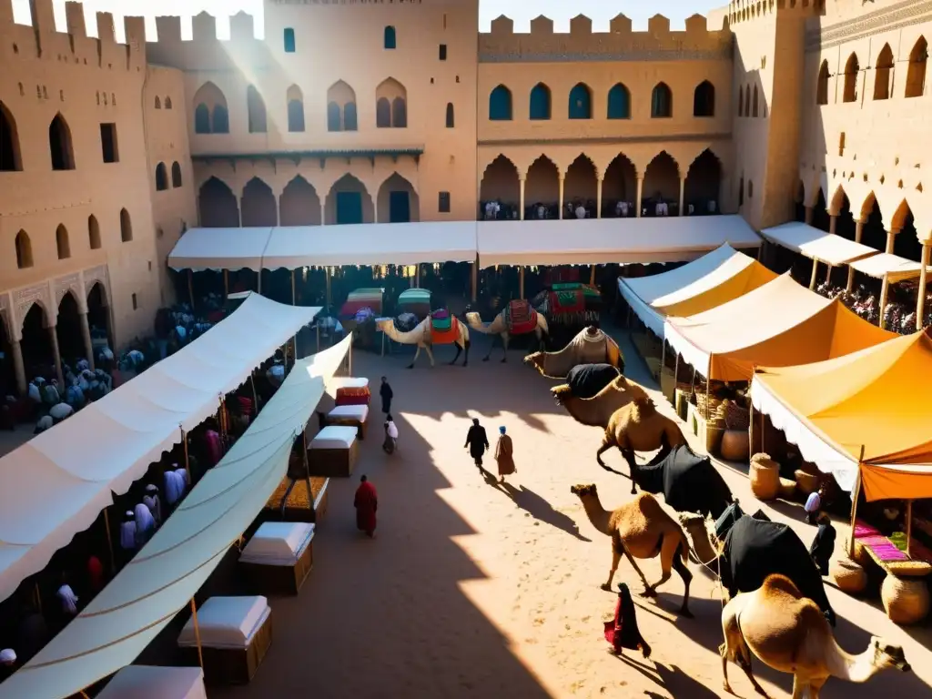 Un bullicioso mercado en una ciudad medieval islámica, con mercaderes regateando por sedas, especias y metales preciosos