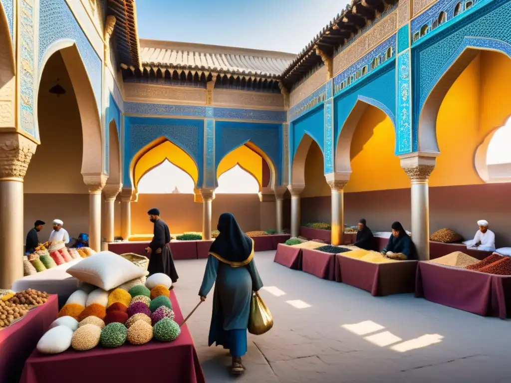 Un bullicioso mercado en una ciudad medieval islámica a lo largo de la Ruta de la Seda, con intercambios culturales de todo el mundo