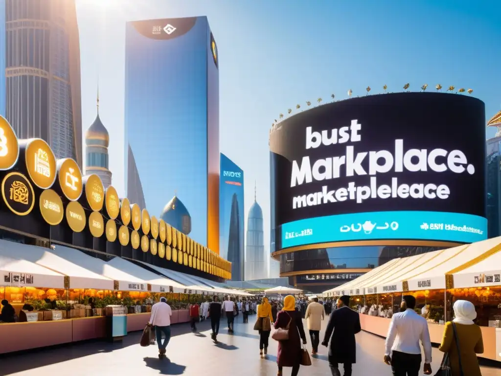 Un bullicioso mercado en una ciudad moderna, reflejando la diversidad de las inversiones en criptodivisas permitidas por el Islam